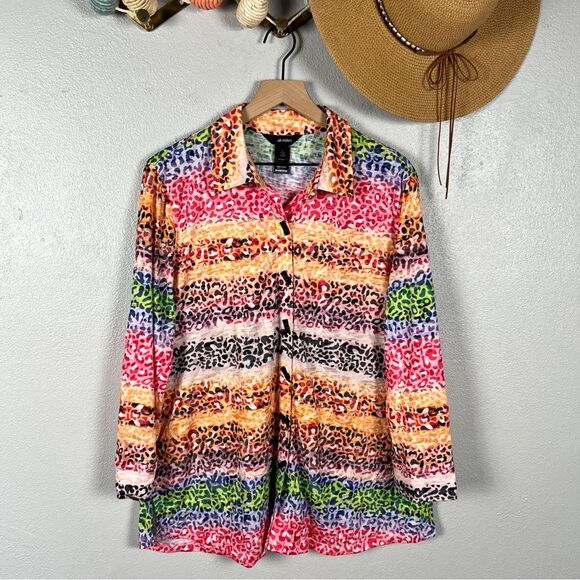 Ali Miles Rainbow Leopard Print Button Front Long Sleeve Knit Tunic Size Large - Picture 7 of 8